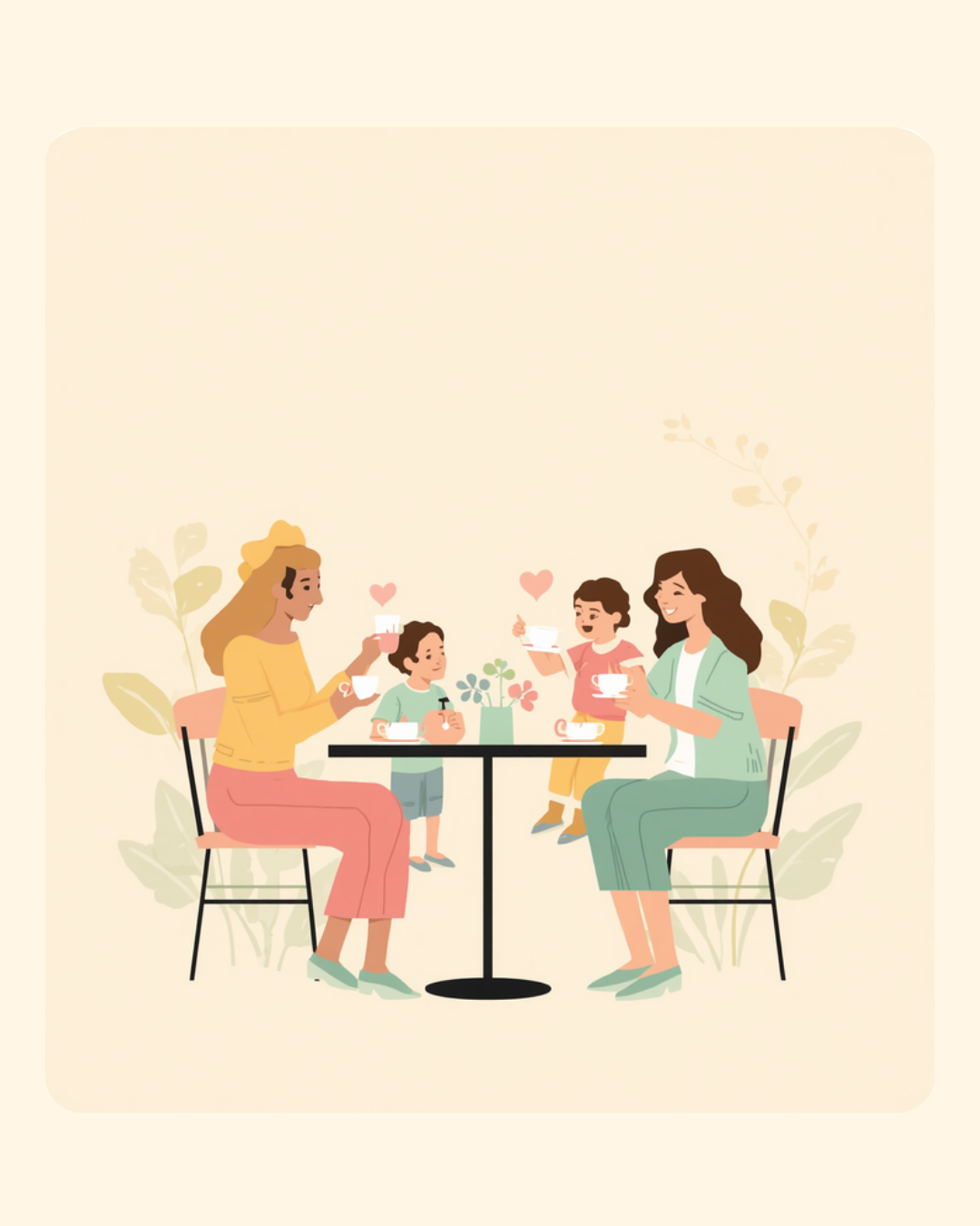 カフェのテーブルで親子が談笑するイラスト