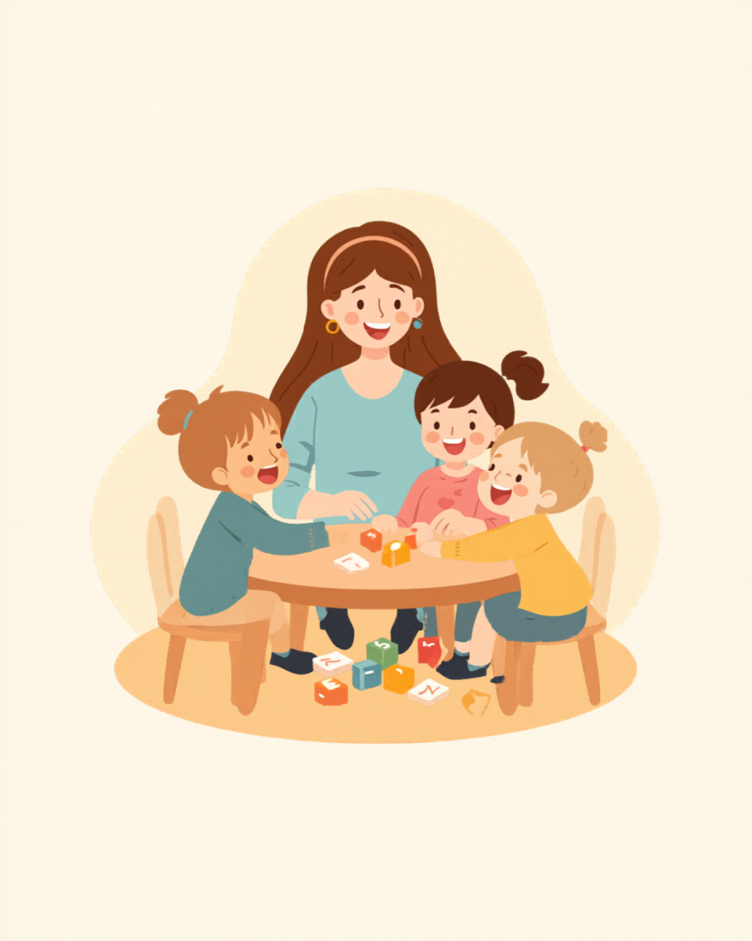 机で文字や数字にふれて学ぶ子どもたちのイラスト
