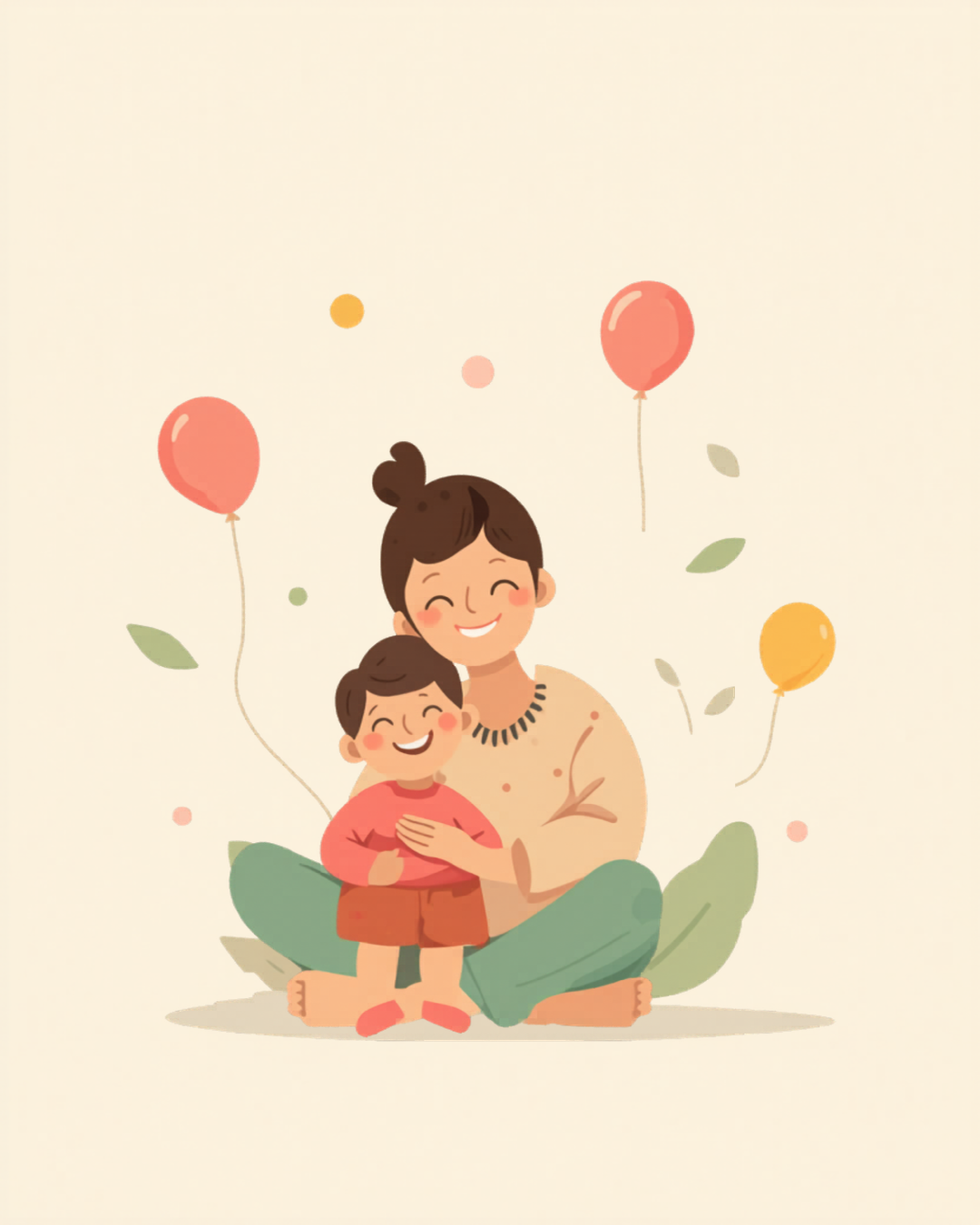 床に座って子どもを抱く保護者のイラスト