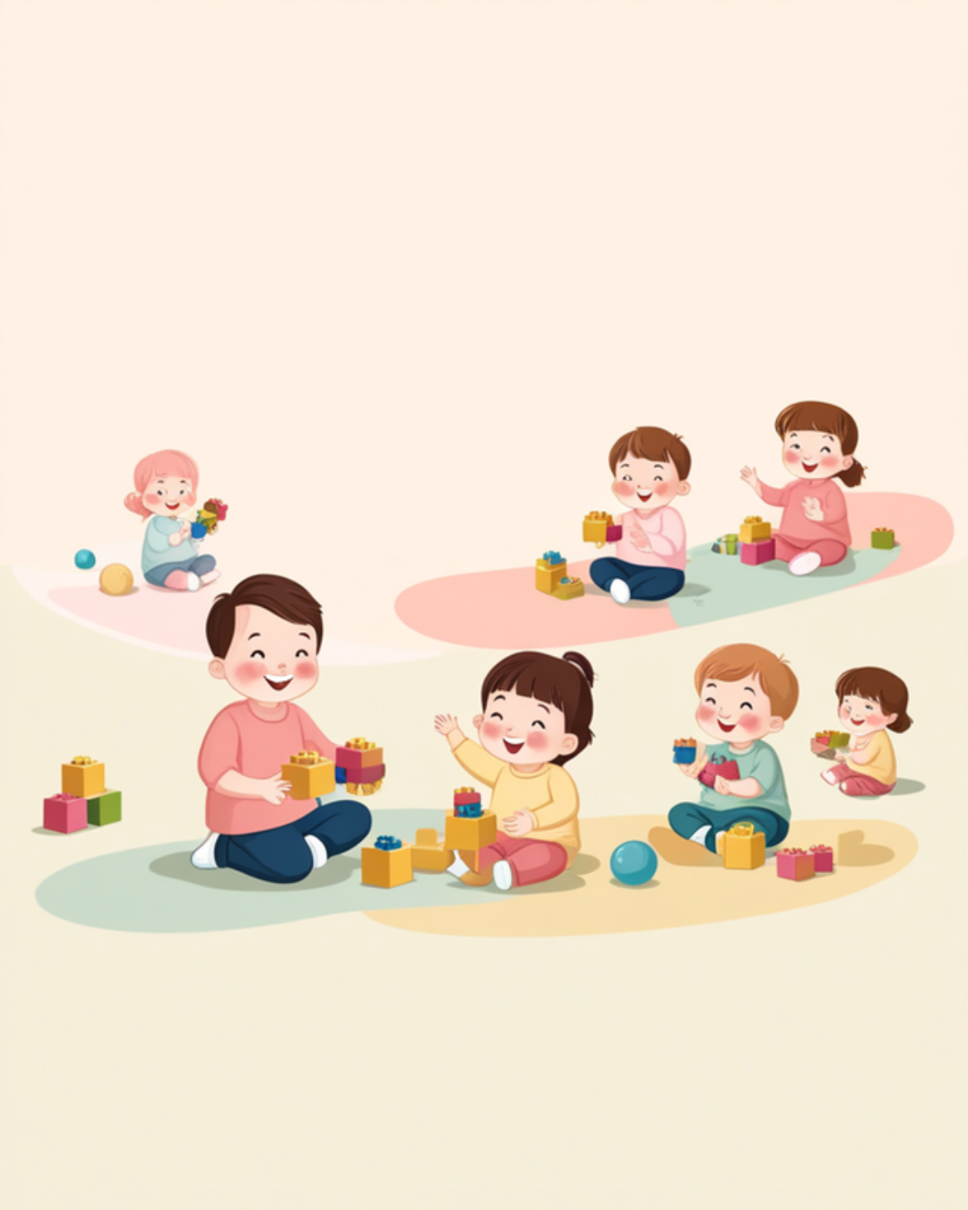 積み木などの知育玩具で遊ぶ子どもたちのイラスト