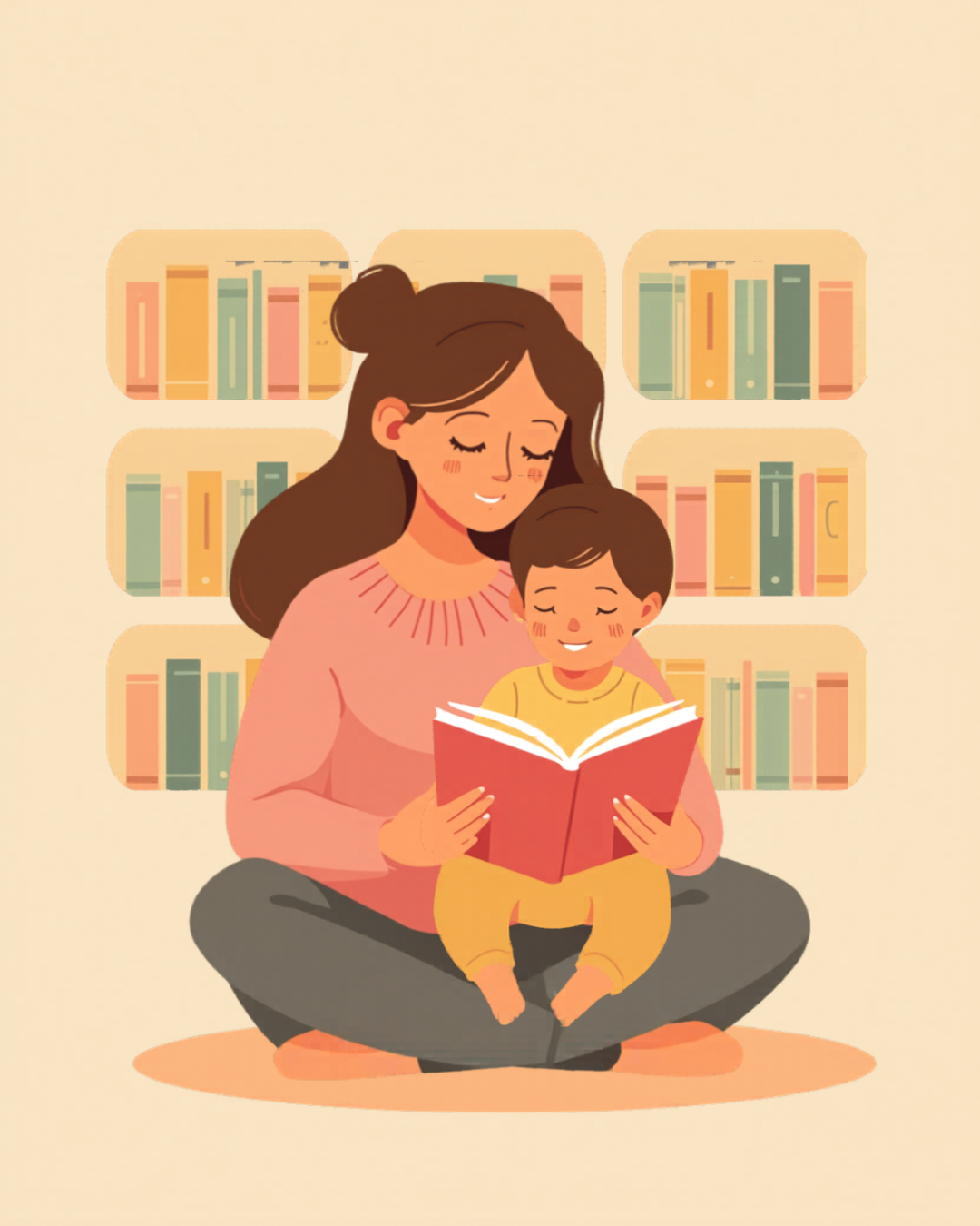 親子で絵本を読む読み聞かせのイラスト
